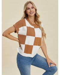 TRUEDAMES - Full Size Checkered Round Neck Short Sleeve Sweater - Lyst