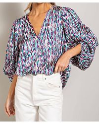 Eesome - Retro Print V Neck Bubble Sleeve Blouse - Lyst