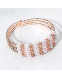 Fashnzfab - Pearl Stone Bezel Point Rhinestone Paved Split Adjustable Evening Bracelet Peach - Lyst