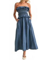 Klesis - Ruffled Strapless Denim Midi Dress - Lyst