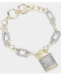 Fashnzfab - Cz Stone Paved Lock Charm Pointed Two Tone Link Toggle Bracelet Two Tone - Lyst