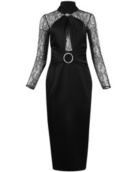 Rasario - Draped Satin Lace Midi Dress With Buckle And Ring - Lyst