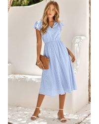 TRUEDAMES - V Neck Short Sleeve Solid Ruffle A Line Midi Dress - Lyst