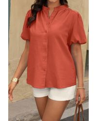 TRUEDAMES - Button Down Lantern Puff Short Sleeve V Neck Top - Lyst