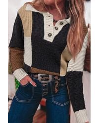 Shewin - Cable Knit Sleeve Buttons Collared Sweater - Lyst