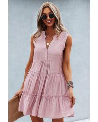 TRUEDAMES - Solid V Neck Flat Collar Tiered Shift Dress - Lyst