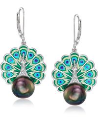 Ross-Simons - 8.5-9mm Black Cultured Pearl Peacock Drop Earrings With Multicolored Enamel And Diamond Accents - Lyst