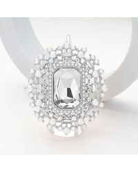 Fashnzfab - Rectangle Glass Stone Centered Pearl Rhinestone Embellished Stretch Ring - Lyst