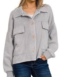 Zenana - Acid Wash Fleece Cropped Shacket With Front Pockets - Lyst