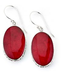 Samuel B Jewelry Sterling Silver Oval Balinese Design Drop Earrings - Red
