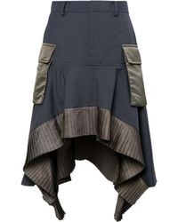 Sacai - Asymmetrical Hem Midi Skirt With Pleated Detailing - Lyst