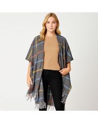 TRUEDAMES - Fringe Hem Plaid Pattern Open Front Kimono Poncho - Lyst