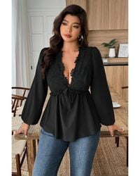 TRUEDAMES - Plus Size Solid V Neck Lace Patchwork Shirt - Lyst
