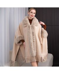 TRUEDAMES - Faux Fur Trimmed Solid Fringe Ruana Poncho - Lyst