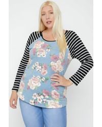 TRUEDAMES - Floral Top Featuring Raglan Style Striped Sleeves And A Round Neck - Lyst