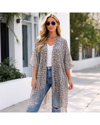 TRUEDAMES - Lightweight Sheer Leopard Pattern Fringe Hem Kimono Cover Up - Lyst