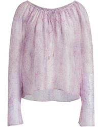 Alberta Ferretti - Pastel Floral Organza Blouse With Gathered Neckline - Lyst