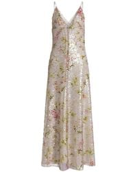 Alberta Ferretti - V-Neck Midi Dress With Sequined Floral Design - Lyst