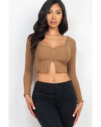 TRUEDAMES - Ribbed Button Front Split Long Sleeve Top - Lyst