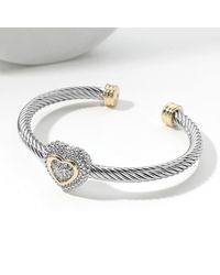Fashnzfab - Two Tone Stone Paved Heart Cluster Pointed Twisted Metal Cuff Bracelet Two Tone - Lyst