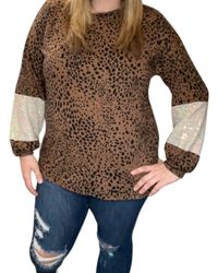 Honeyme - Leopard Sequin Sleeve Sweater - Lyst