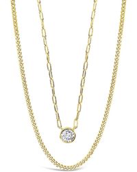 Sterling Forever - Delicate Sterling 2 Layer Chain Necklace With Bezel Cz Charm - Lyst