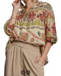 Umgee - Border Print Notched 3/4 Puff Sleeve Blouse - Lyst