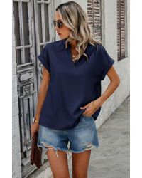 TRUEDAMES - V Neck Solid Short Bat Sleeve Loose Fit Blouse - Lyst