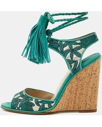 Paul Andrew - Fabric And Suede Ankle Tassel Tie Wedge Sandals - Lyst