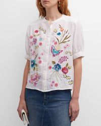 Johnny Was - Jessi Embroidered Puff-sleeve Linen Blouse - Lyst