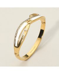 Fashnzfab - Stainless Steel Geometric Cz Stone Paved Enamel Inlay Accent Hinged Bangle Bracelet - Lyst