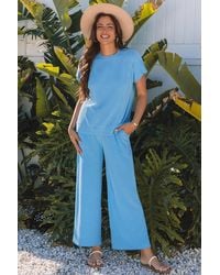 TRUEDAMES - Solid Corded Knit Short Sleeve T Shirt And Wide Leg Pants Set - Lyst
