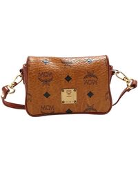 MCM Small Visetos Leather Cognac/Ruby Red Patricia Satchel Bag at FORZIERI