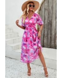TRUEDAMES - Fashnzfab Floral V Neck Puffed Sleeve High Waist Dress - Lyst