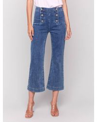 Charlie b - Cropped Pull-On Flare Jeans With Front Buttons - Lyst