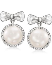 Ross-Simons - 8.5-9mm Cultured Pearl And . Diamond Bow Drop Earrings - Lyst