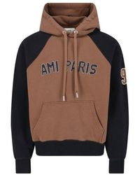 Ami Paris - Two-Tone Hoodie With Stitched Branding And Embroidered Detail - Lyst