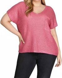 She + Sky - Short Sleeve V-Neck Metallic Coated Sweater Top With Front Pocket - Lyst