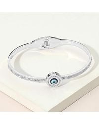 Fashnzfab - Stainless Steel Evil Eye Cz Stone Accent Hinged Bangle Bracelet - Lyst