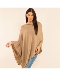 TRUEDAMES - Pom Pom Trim Solid Asymmetrical Poncho - Lyst