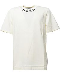 MSGM - Cream Cotton T-Shirt With Logo Print - Lyst