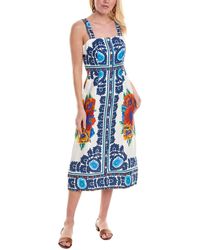 FARM Rio - Flower Tapestry Button Front Linen Midi Dress - Lyst