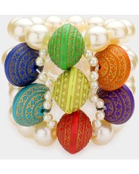 Fashnzfab - Colorful Wood Pointed Multi Layered Pearl Stretch Bracelet Cream - Lyst