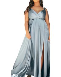 Cinderella Divine - Flowy Satin V-Neck A-Line Gown With Leg Slit - Lyst