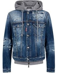 DSquared² - Distressed Denim Jacket With Hood And Ribbed Cuffs - Lyst