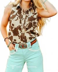Lucky & Blessed - Sleeveless Cowhide Print Denim Western Shirt With Pearl Snaps - Lyst