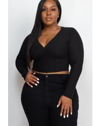 TRUEDAMES - Plus Size Ribbed Wrap Front Long Sleeve Top - Lyst