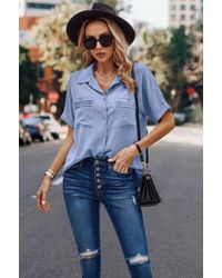 TRUEDAMES - V Neck Button Down Roll Up Sleeve Loose Pocket Blouse - Lyst