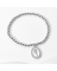 Fashnzfab - Stainless Steel Stone Paved Tulip Flower Embossed Mother Of Pearl Oval Charm Beaded Stretch Bracelet Mother Of Pearl - Lyst