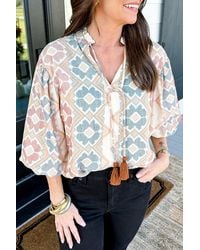TRUEDAMES - Geometric Print Tassel Tie Split Neck Balloon Sleeve Blouse - Lyst